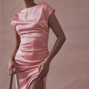 Anthropologie 
BHLDN FRANCESCA HIGH-NECK STRETCH SATIN MIDI DRESS